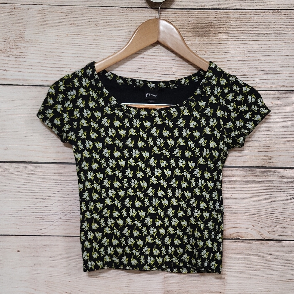 💟 Art Class Black and Green Floral Ribbed Crop Top XL 14